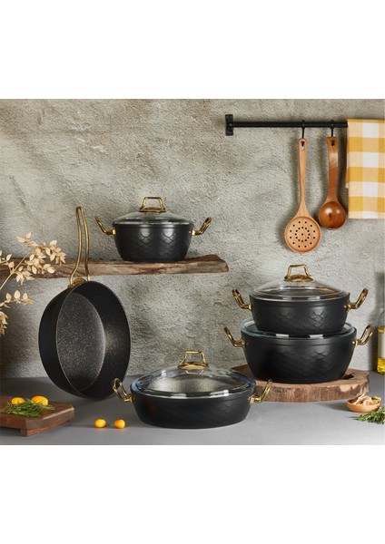 3543 - Mermaıd Sets - 9 Parça, Biogranit, Geniş Taban, Tencere Seti Siyah Gövde, Gold Detay
