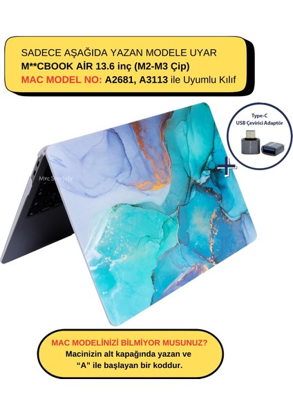 Macbook Air Kılıf 13.6 inç M2-M3, Marble-15NL (TouchID'li Air M2-M3 13.6") A2681 A3113 ile Uyumlu