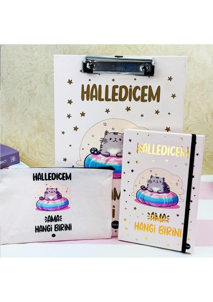 Halledicem Ama Hangi Birini V2 Tasarımlı Özel Kutulu Sekreterlik Lastikli Defter ve Kalemlik Set