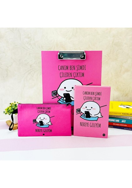 Çileden Çıktım Tasarımlı Özel Kutulu Sekreterlik Lastikli Defter ve Kalemlik Set