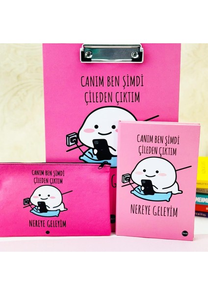 Çileden Çıktım Tasarımlı Özel Kutulu Sekreterlik Lastikli Defter ve Kalemlik Set fırsatları