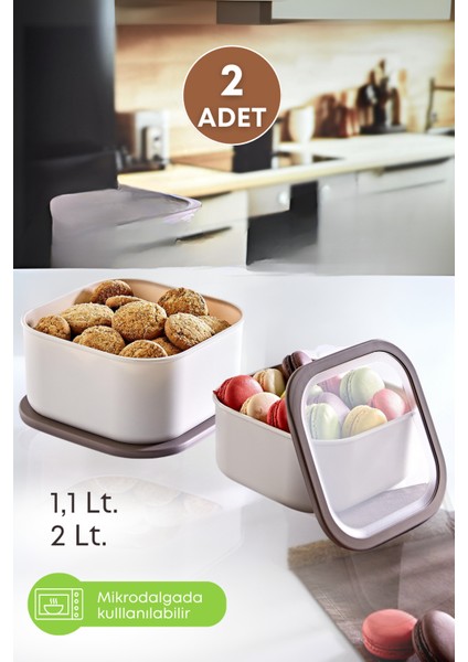 2 Adet Sızdırmaz Erzak Saklama Kabı 1,1 Lt.+2 Lt. Bej-Mikrodalga Girebilen Saklama Kabı