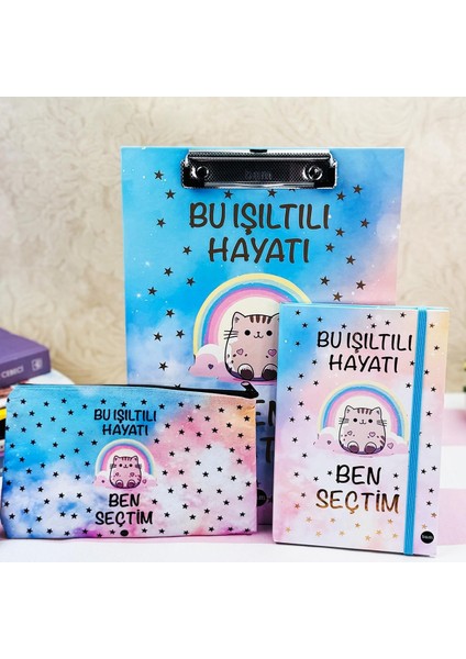 Bu Işıltılı Hayatı Ben Seçtim Tasarımlı Özel Kutulu Sekreterlik Lastikli Defter ve Kalemlik Set