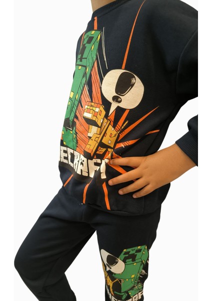 Erkek Çocuk 3 Iplik Şardonsuz Minecraft Baskılı Günlük Takım modelleri