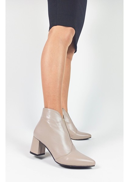 Hakiki Deri Vizon Renk Kalın Topuk Fermuarlı Kadın Bot fiyatları