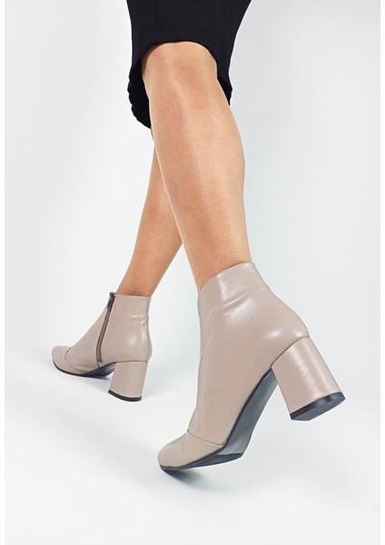 Hakiki Deri Vizon Renk Kalın Topuk Fermuarlı Kadın Bot modelleri