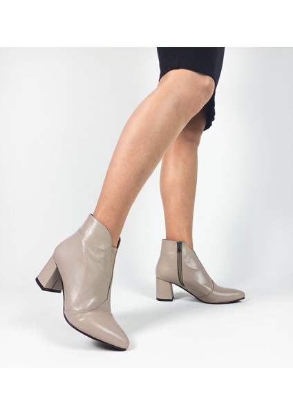Hakiki Deri Vizon Renk Kalın Topuk Fermuarlı Kadın Bot indirimleri