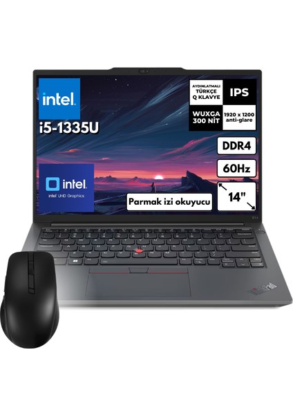 Thinkpad E14 Gen5 I5-1335U 24 GB 512 GB SSD 14" Wuxga Windows 11 Pro + MD200 Asus Mouse 21JK0003TX_MD200 BT43 Taşınabilir Bilgisayar