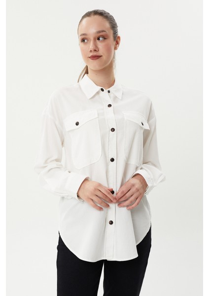 Bg 824 Çift Cepli Çıtçıtlı Ince Fitilli Oversize Kadın Kadife Gömlek