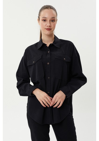 Bg 824 Çift Cepli Çıtçıtlı Ince Fitilli Oversize Kadın Kadife Gömlek