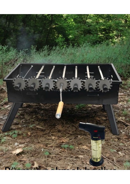 Çevirmeli Mangal Barbekü Katlanır Ayaklı Çantalı Çakmak Hediyeli Büyük Şiş Çevirmeli Mangal