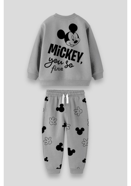 Unisex Çocuk Mickey Kışlık 3 Iplik Pamuklu Sweatshirt Eşofman Alt-Üst Takım