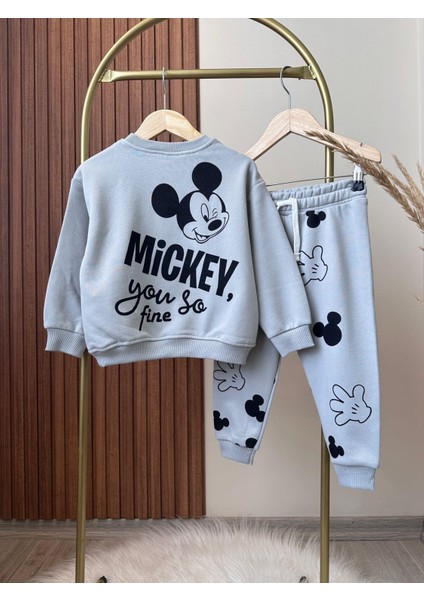 Unisex Çocuk Mickey Kışlık 3 Iplik Pamuklu Sweatshirt Eşofman Alt-Üst Takım