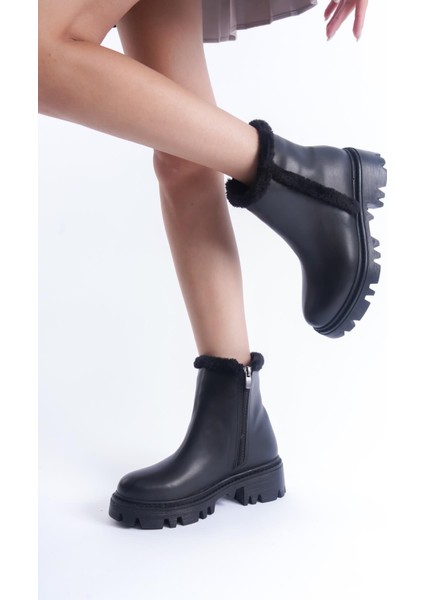 Kadın Fermuarlı Günlük Bot Kalın Tırtık Taban Kürk Detaylı