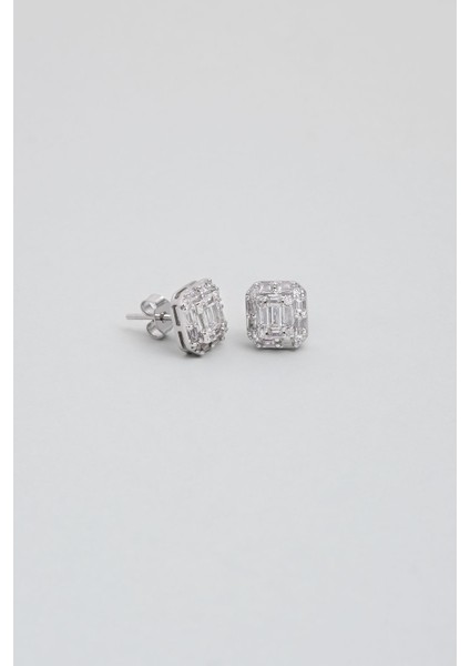 Baget Işıltısı 18 Ayar Beyaz Altın Kaplama Gümüş Küpe