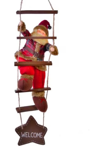 Yılbaşı Süsü Ahşap Merdivenli Noel Baba Figür Büyük Boy 40 Cm - Merdiven İle 78 Cm