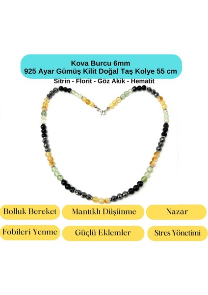 Sertifikalı Kova Burcu 6mm 925 Ayar Gümüş Doğal Taş Kolye 55 cm