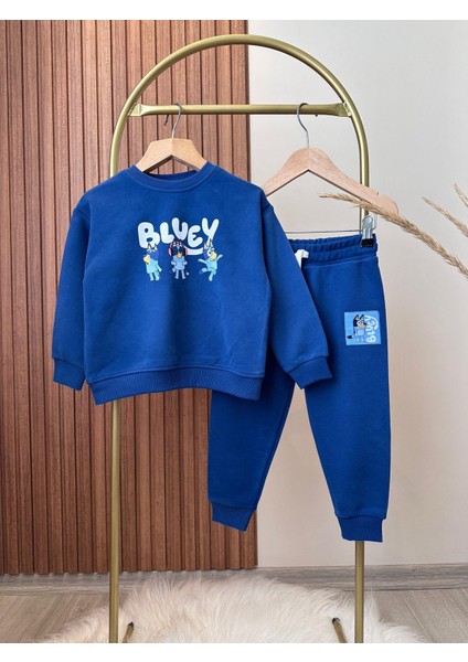 Unisex Çocuk Bluey Desenli Pamuklu Sweatshirt Eşofman Alt-Üst Takım