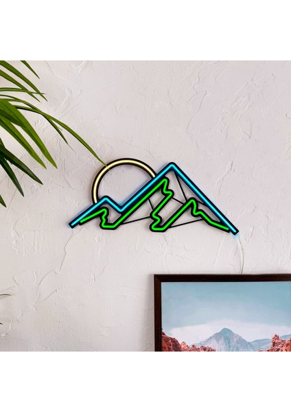 Mountain Neon Duvar Dekoru - Modern Dağ Silueti, Buz Mavi & Yeşil Duvar LED Dekoru | 50 cm x 20 cm