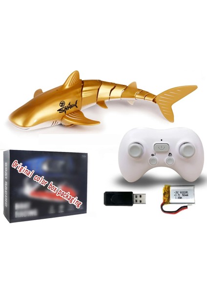 USB Şarj Edilebilir Kumandalı Çift Motorlu Suda Yüzebilen Gold Renk Balina Köpek Balığı Oyuncak