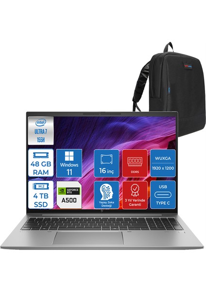 Zbook Firefly G11 Intel Ultra 7 155H 48GB 4tb SSD 4GB/RTXA500 Wuxga 16" W11PRO Mobil Iş Istasyonu ZBF5G4B8EWP06 + Zettaçanta