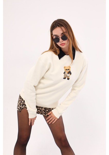 Bisiklet Yaka Içi Polar Teddy Bear Leopar Baskılı Beyaz Unisex Sweatshirt