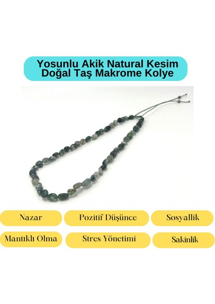 Yıldız Doğal Taş Sertifikalı Yosunlu Akik Natural Kesim Makrome Doğal Taş Kolye Ayarlanabilir Ölçü