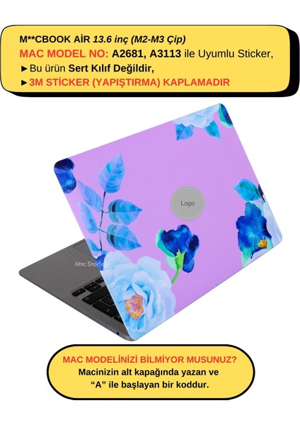 Macbook Air M2-M3 Kılıf 13.6inç Flower03 Yapıştırma Sticker Kaplama Koruyucu A2681 A3113 ile Uyumlu