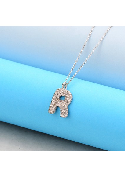 925 Ayar Gümüş Pırlanta Taşlı R Harfli Inci Kolye