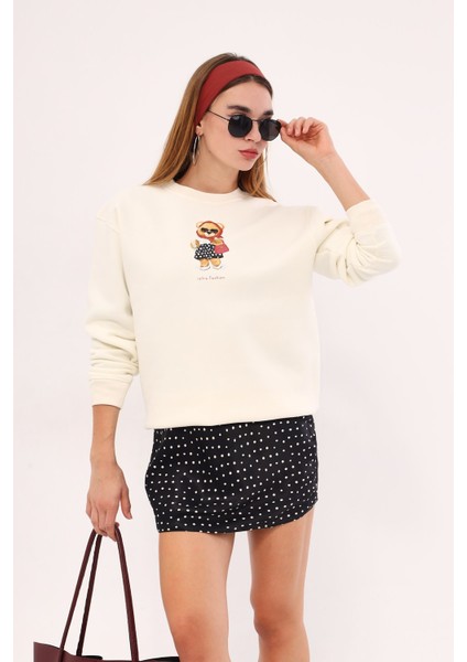 Bisiklet Yaka Içi Polar Teddy Bear Retro Fashion Baskılı Beyaz Unisex Sweatshirt fiyatları