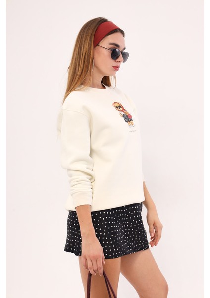 Bisiklet Yaka Içi Polar Teddy Bear Retro Fashion Baskılı Beyaz Unisex Sweatshirt modelleri
