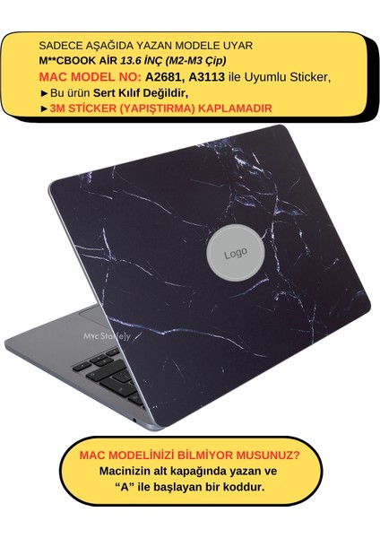 Macbook Air Kılıf M2-M3, 13.6inç Yapıştırma Sticker Kaplama Koruyucu Marble14 A2681 A3113 ile Uyumlu