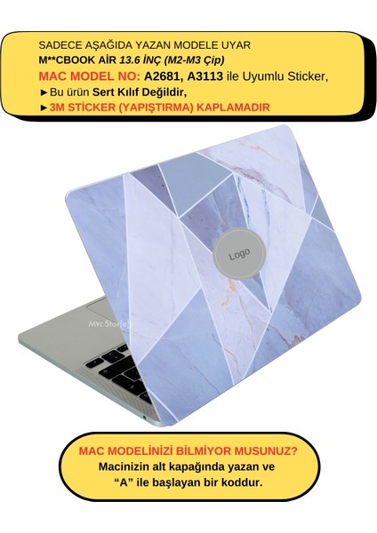 Macbook Air Kılıf M2-M3, 13.6inç Yapıştırma Sticker Kaplama Koruyucu Marble14 A2681 A3113 ile Uyumlu