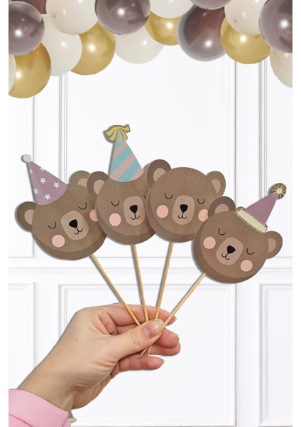 Ayıcık Tema Kürdan Süsleri Cupcake Süsleri Retro Ayı Konsept Lüks Büyük Boy 10LU Paket