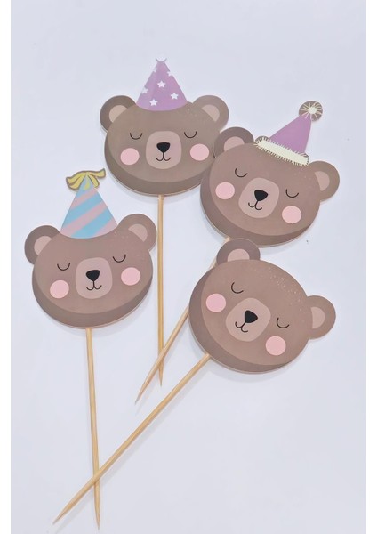 Ayıcık Tema Kürdan Süsleri Cupcake Süsleri Retro Ayı Konsept Lüks Büyük Boy 10LU Paket