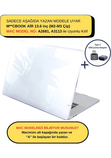 Macbook Air Kılıf 13.6 inç M2-M3, Kristal Parlak (TouchID'li Air M2-M3 13.6") A2681 A3113 ile Uyumlu