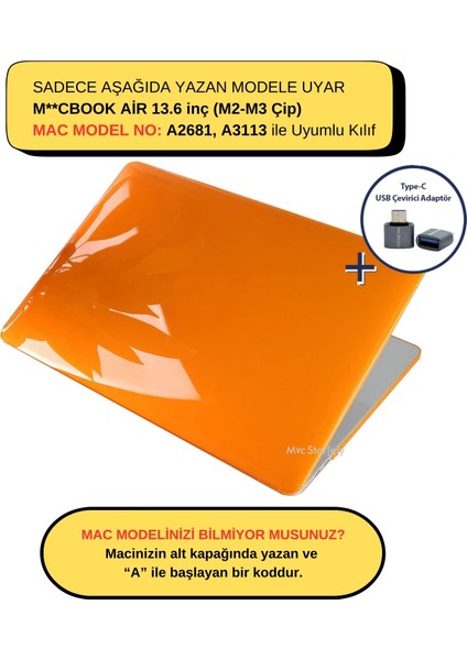 Macbook Air Kılıf 13.6 inç M2-M3, Kristal Parlak (TouchID'li Air M2-M3 13.6") A2681 A3113 ile Uyumlu