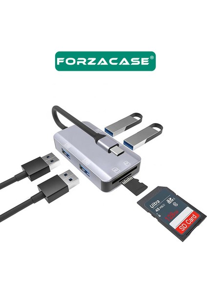 6in1 USB 3.1 Type-C 4 Port USB Çoklayıcı Otg Sd Kart Okuyucu Mac iPhone 15 16 Uyumlu FC833