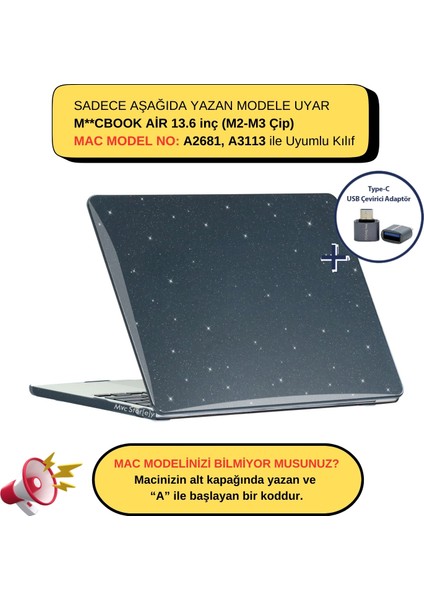 Macbook Air Kılıf 13.6 inç M2-M3, Simli Kristal Parlak (TouchID'li Air M2-M3) A2681 A3113 ile Uyumlu