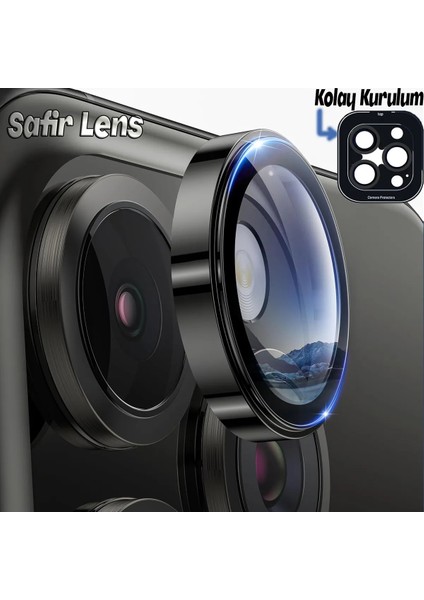 iPhone 15 Pro Max ve iPhone 15 Pro Safir Kamera Lens Koruyucu Uygulama Aparatlı modelleri