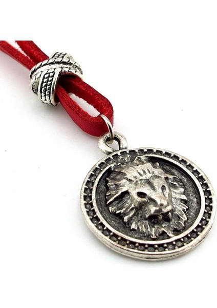 Aslan Burcu Leo Kabartma Aslan Metal Kırmızı Deri Erkek Kolye Q0900