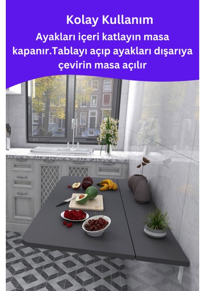 Mdf Lam 4 Köşesi Oval Antrasit Gri Sabit Raflı Duvara Monte Kırma Katlanır Yemek Mutfak Masası