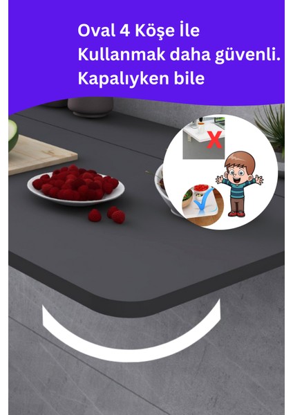 Mdf Lam 4 Köşesi Oval Antrasit Gri Sabit Raflı Duvara Monte Kırma Katlanır Yemek Mutfak Masası