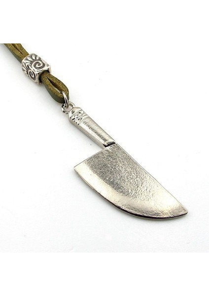 Şef Bıçağı Şeklinde Masterchef Bıçak Metal Yeşil Deri Erkek Kolye Q0898