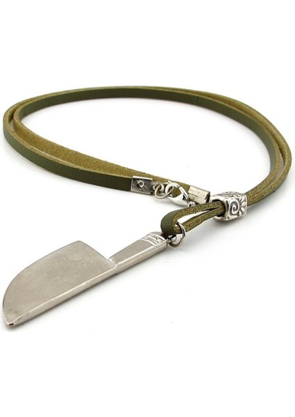 Şef Bıçağı Şeklinde Masterchef Bıçak Metal Yeşil Deri Erkek Kolye Q0898 fiyatları