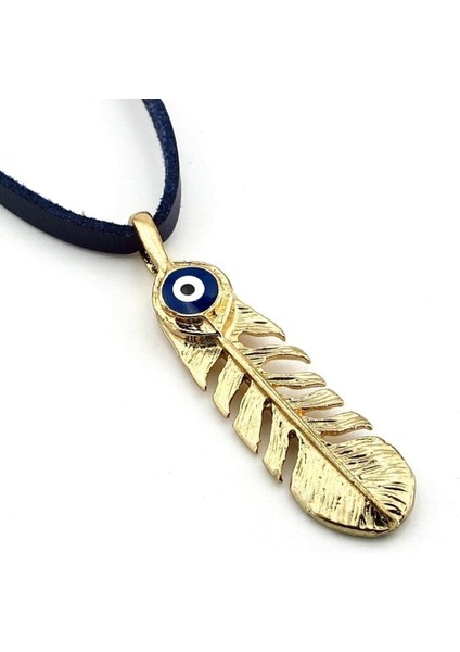 Sarı Tüy Şans Nazar Boncuğu Antik Metal Lacivert Deri Erkek Kolye Q0910 fırsatları