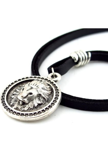Aslan Burcu Leo Kabartma Aslan Metal Siyah Deri Erkek Kolye Q0899