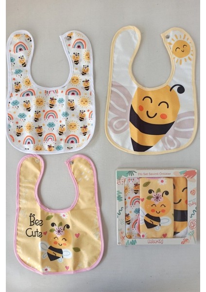 Arı Desenli 3'lü Kutulu Bebek Mama Önlüğü