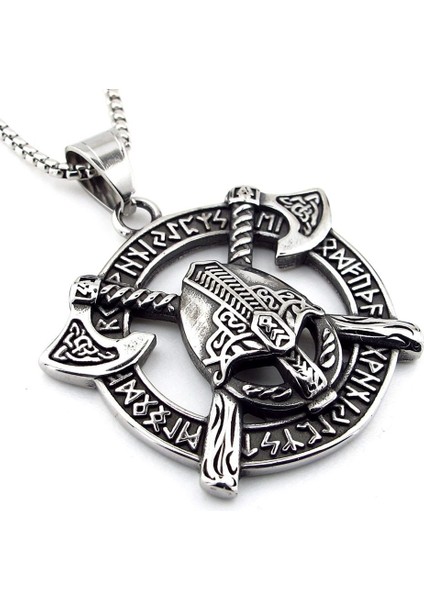 Viking Savaşçı Kaskı Çapraz Balta Iskandinav Rune Titanyum Çelik Erkek Kolye Q0916