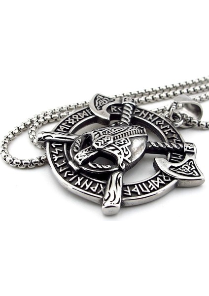 Viking Savaşçı Kaskı Çapraz Balta Iskandinav Rune Titanyum Çelik Erkek Kolye Q0916 fırsatları